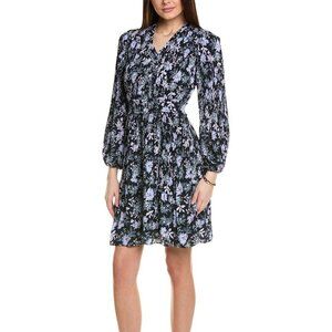 Nanette Lepore Navy Blue Floral Long Sleeve Pleated Button Dress Size 10
